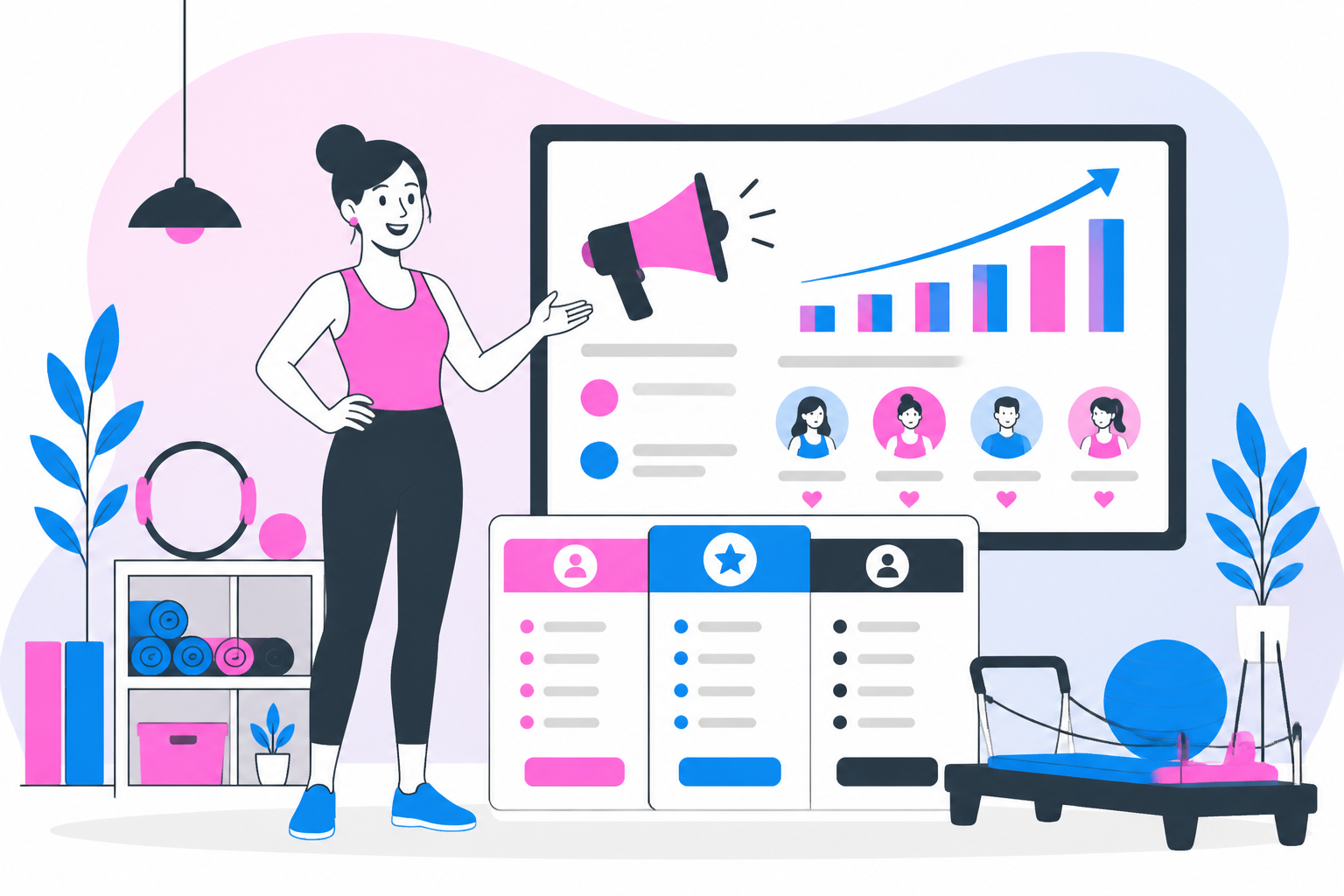 Illustration of pilates studio marketing — studio owner reviewing a membership plan dashboard, header image for "Pilates Studio Marketing: Getting New Members and Keeping the Ones You Have"