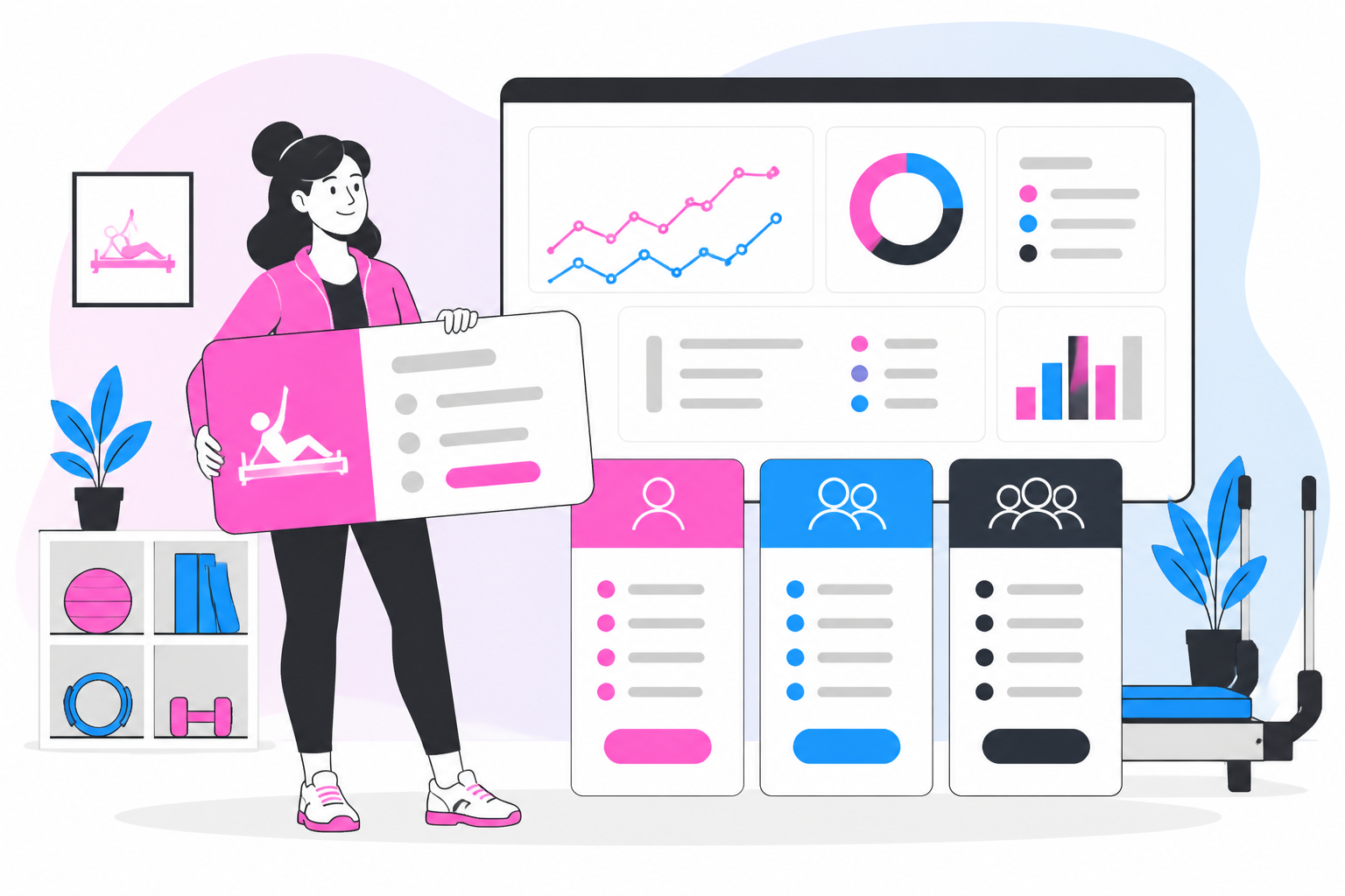 Illustration of pilates studio software — studio owner reviewing a membership plan dashboard, header image for "Pilates Studio Software: A Buyer's Guide for Membership Billing"