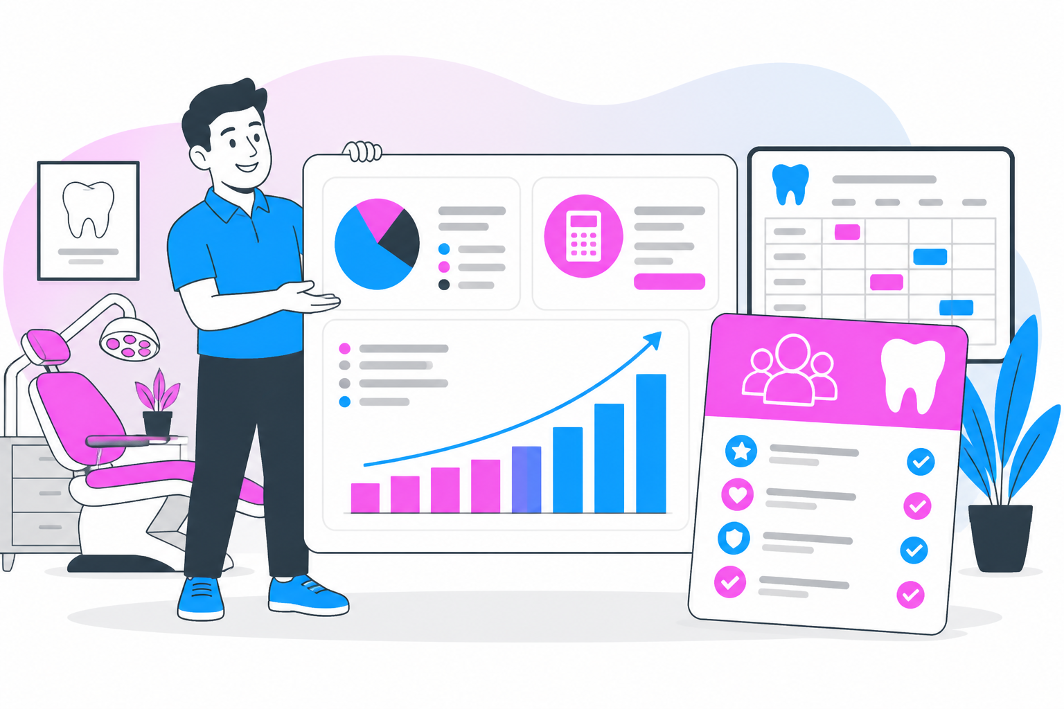 Illustration of profit margin calculator — business owner reviewing a membership plan dashboard, header image for "Profit Margin Calculator"