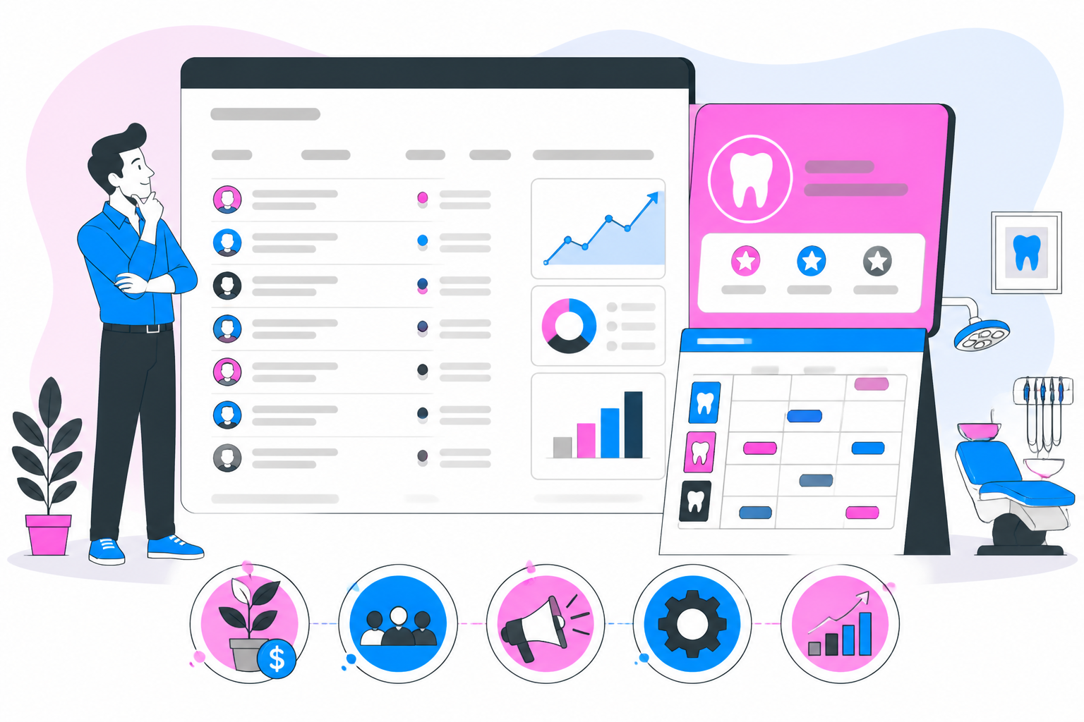 Illustration of recession rebound strategies for your — business owner reviewing a membership plan dashboard, header image for "Top 5 Recession Rebound Strategies For Your Practice"