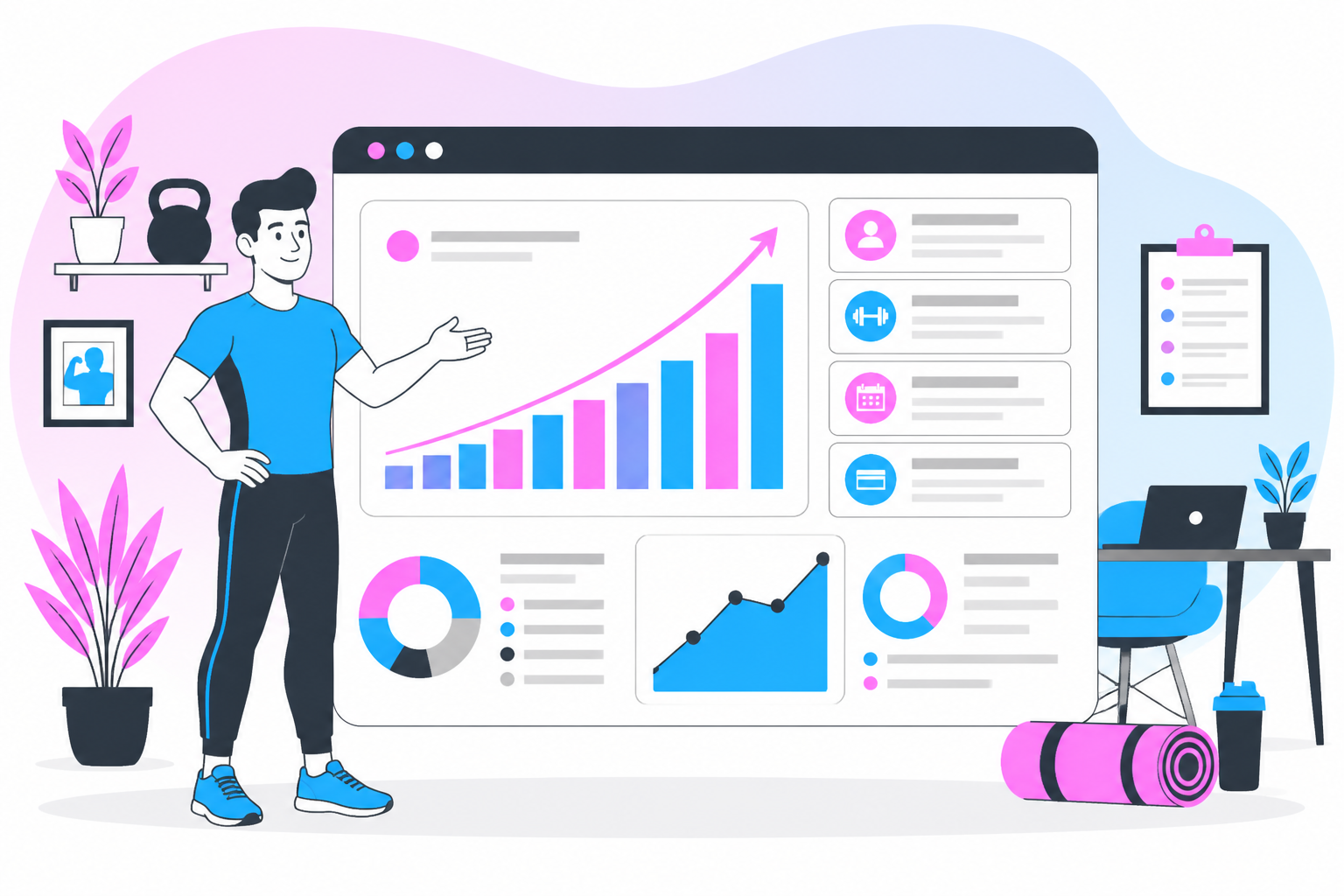 Illustration of recurring revenue for personal trainers — training practice owner reviewing a membership plan dashboard, header image for "Recurring Revenue for Personal Trainers: A Playbook for Predictable Income"
