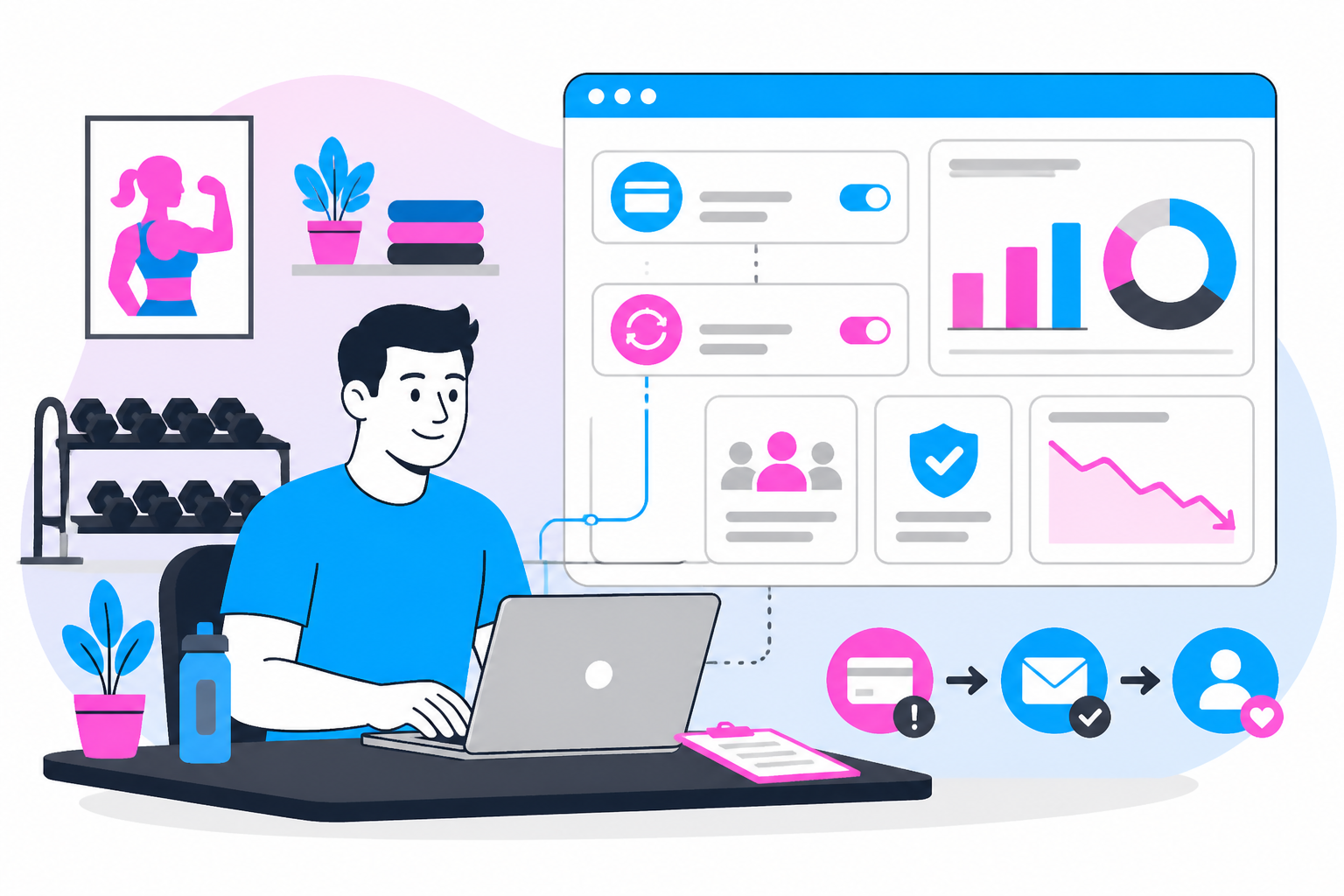 Illustration of reduce gym churn — studio owner reviewing a membership plan dashboard, header image for "How to Reduce Gym Churn With Autopay and Failed-Payment Recovery"