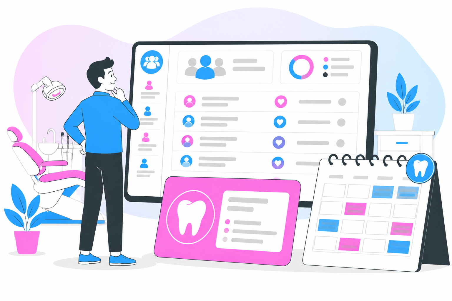 Illustration of referrals — business owner reviewing a membership plan dashboard, header image for "Referrals"