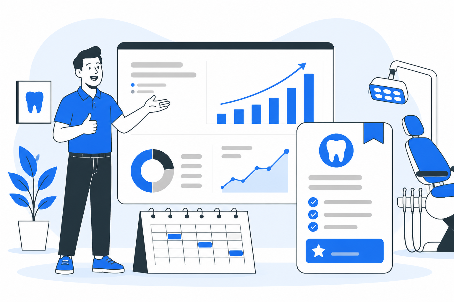 Illustration of revenue cycle manager interview questions: 10x loyalty & mrr with memberships — practice owner reviewing a membership plan dashboard, header image for "Revenue Cycle Manager Interview Questions: 10X Loyalty & MRR …