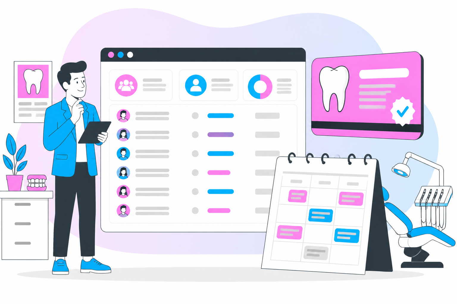 Illustration of sales rep positions — business owner reviewing a membership plan dashboard, header image for "Sales Rep Position"