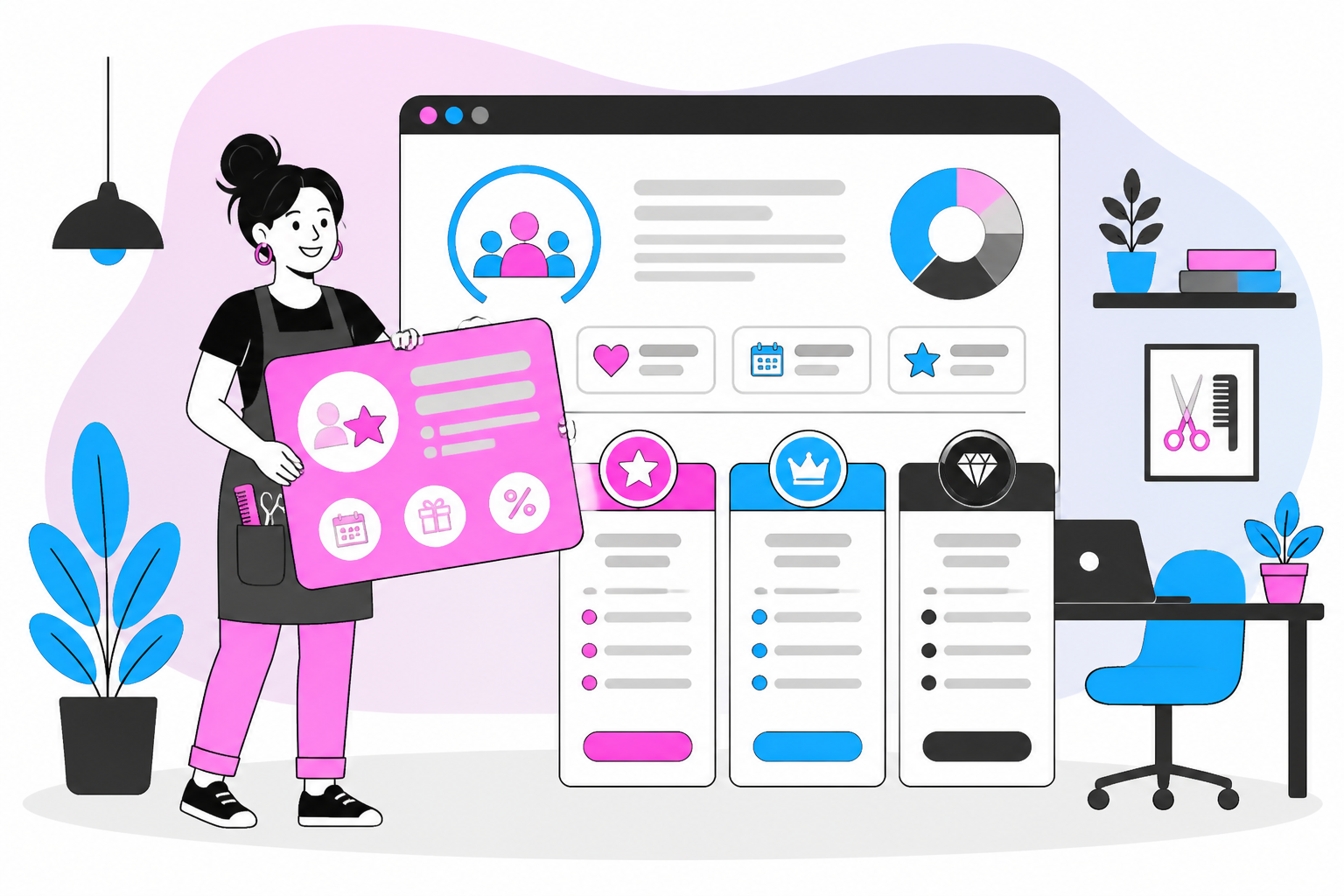 Illustration of salon client retention — salon owner reviewing a membership plan dashboard, header image for "Salon Client Retention Strategies for Membership Businesses"