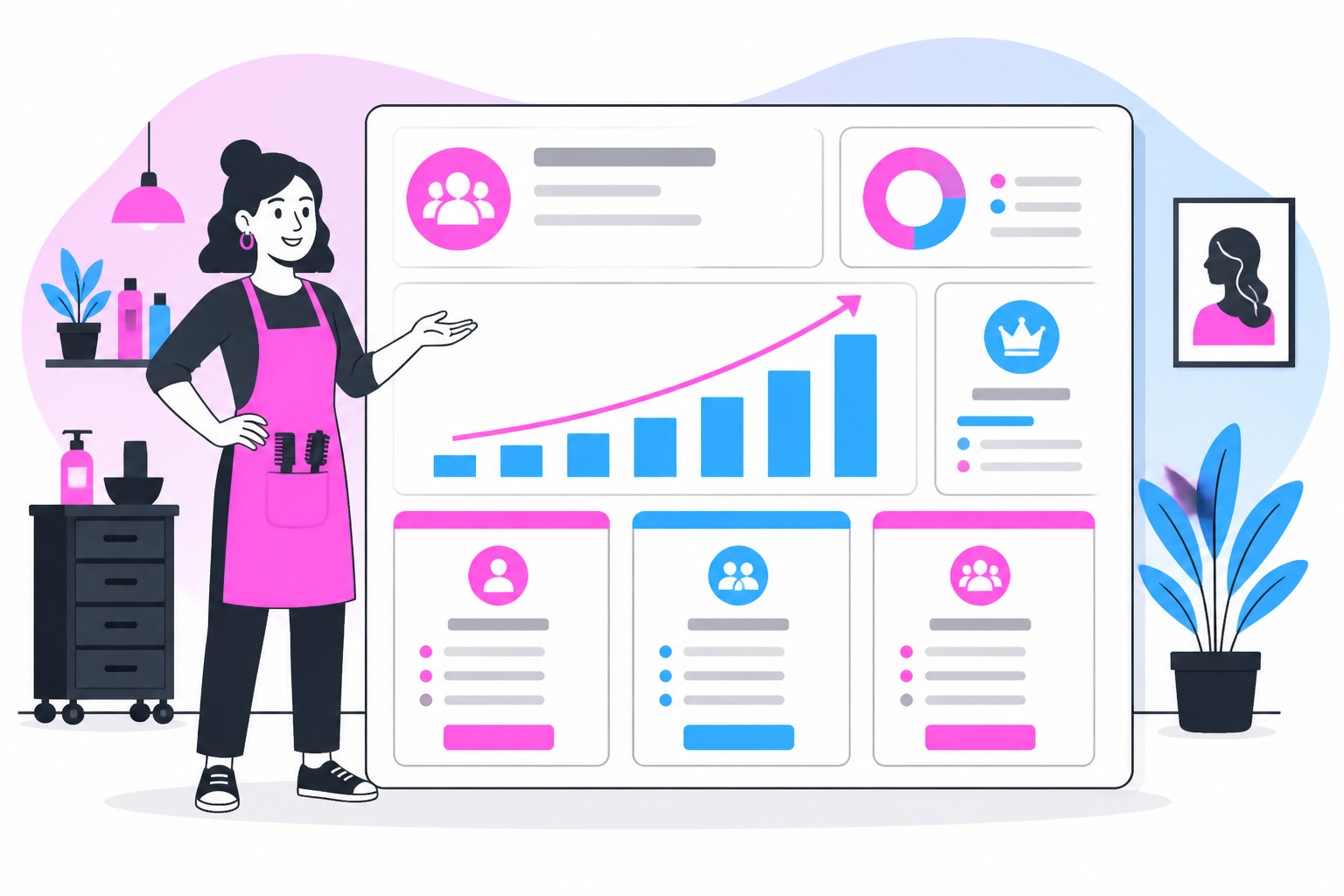 Illustration of salon membership pricing — salon owner reviewing a membership plan dashboard, header image for "Salon Membership Pricing Models That Protect Margins"