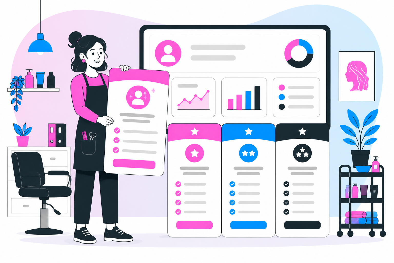 Illustration of salon membership program — salon owner reviewing a membership plan dashboard, header image for "Salon Membership Program Playbook"
