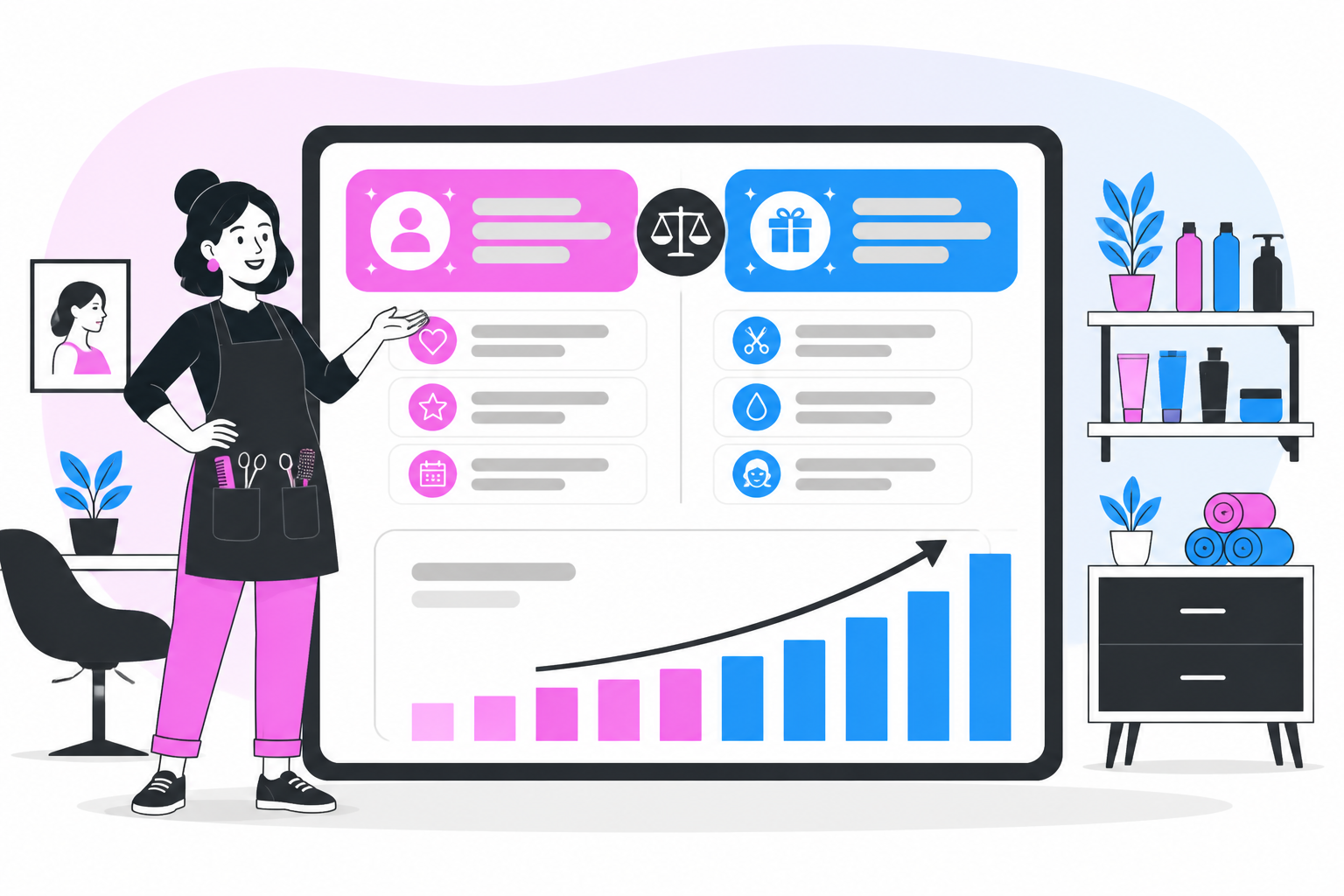 Illustration of salon membership vs packages — salon owner reviewing a membership plan dashboard, header image for "Salon Memberships vs. Packages: Which Actually Builds Recurring Revenue?"