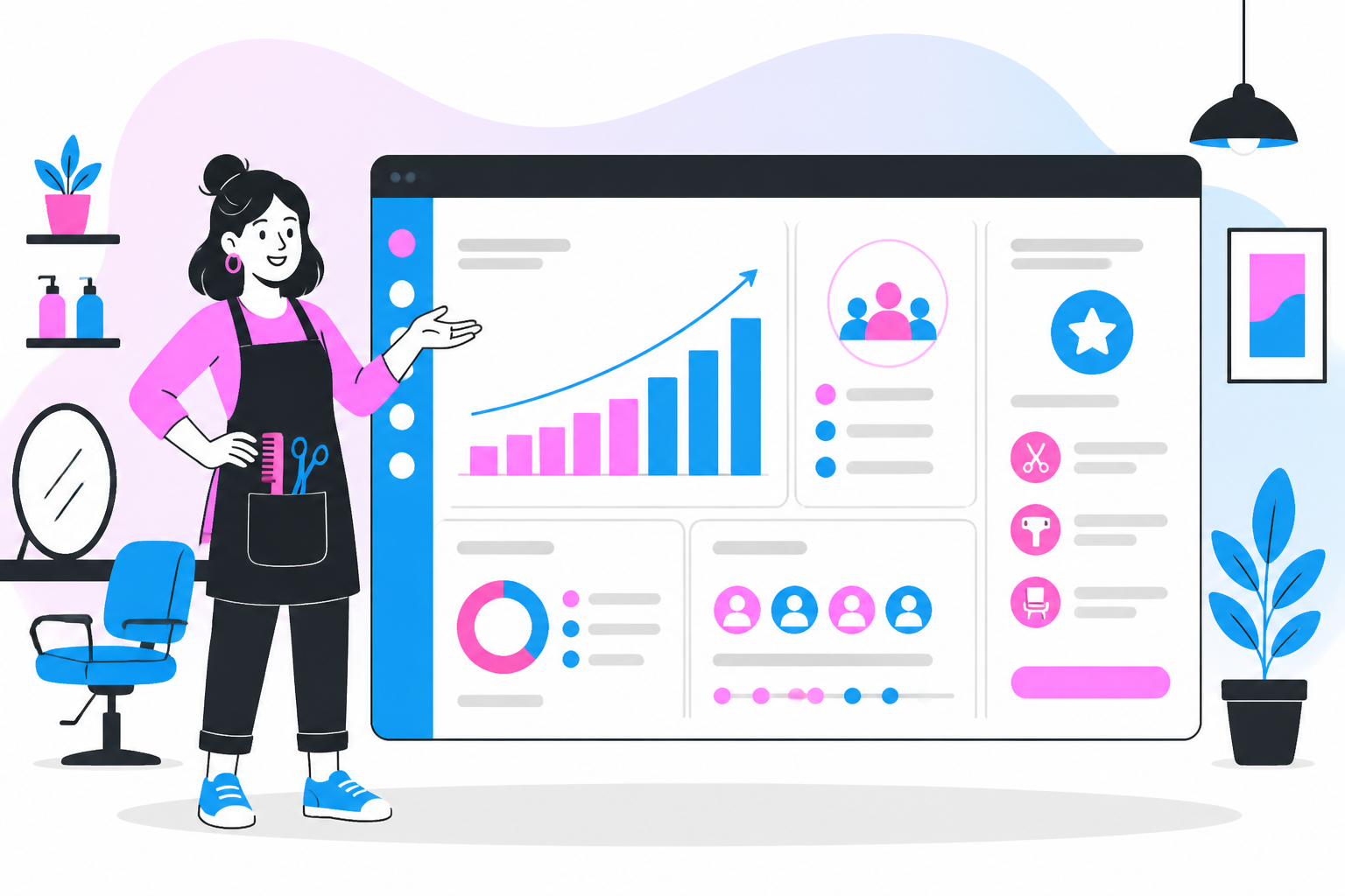 Illustration of salon recurring revenue — salon owner reviewing a membership plan dashboard, header image for "How Salons Replace Slow-Week Revenue With Memberships"