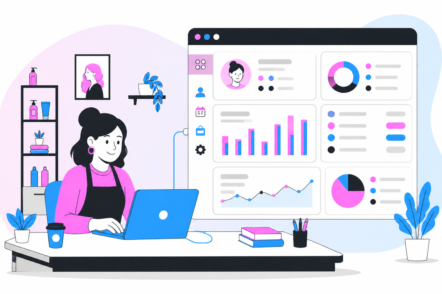 Illustration of salon software — salon owner reviewing a membership plan dashboard, header image for "Salon Software Buyer's Guide: What to Look for in 2026"