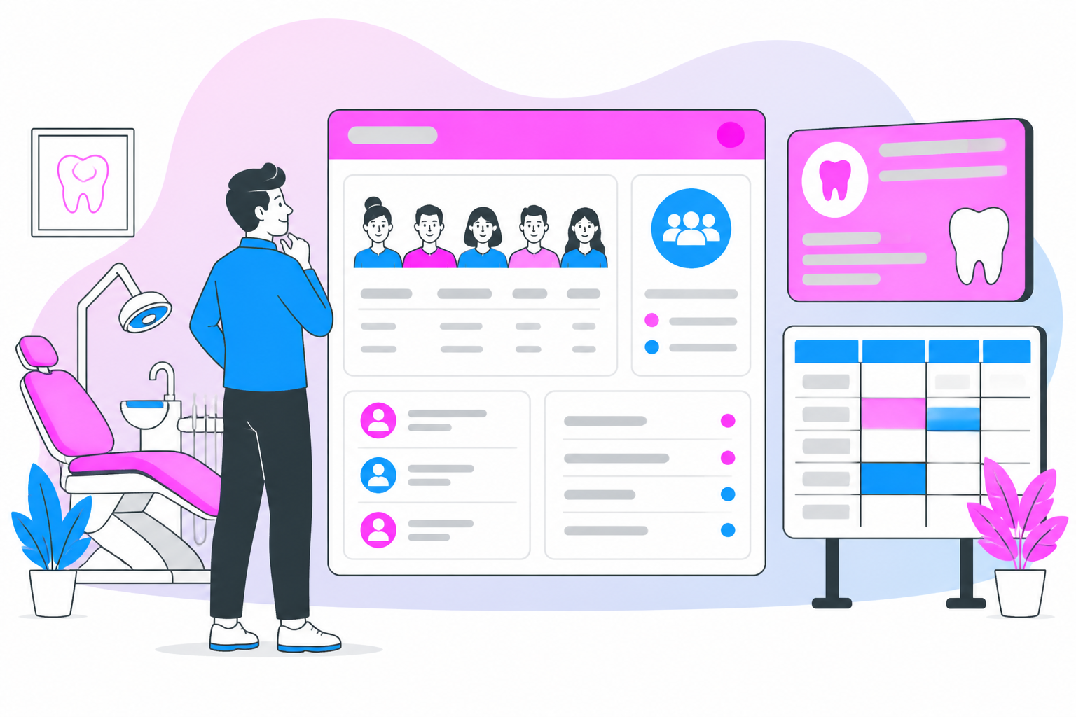 Illustration of sample page — business owner reviewing a membership plan dashboard, header image for "Sample Page"