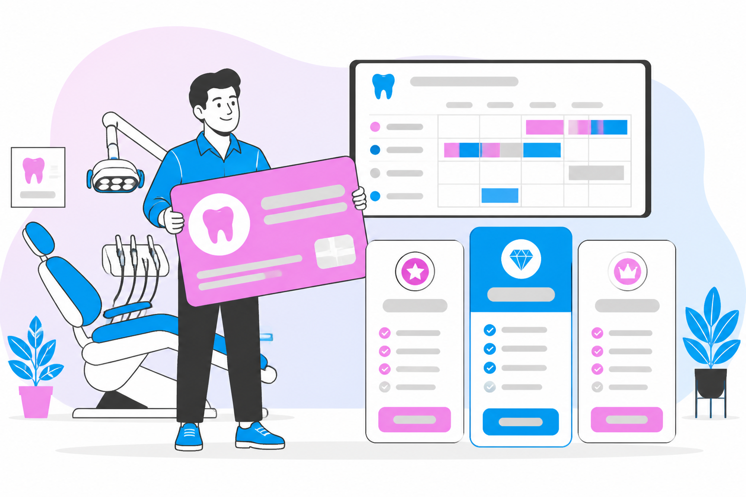 Illustration of success plan — business owner reviewing a membership plan dashboard, header image for "Success Plan"