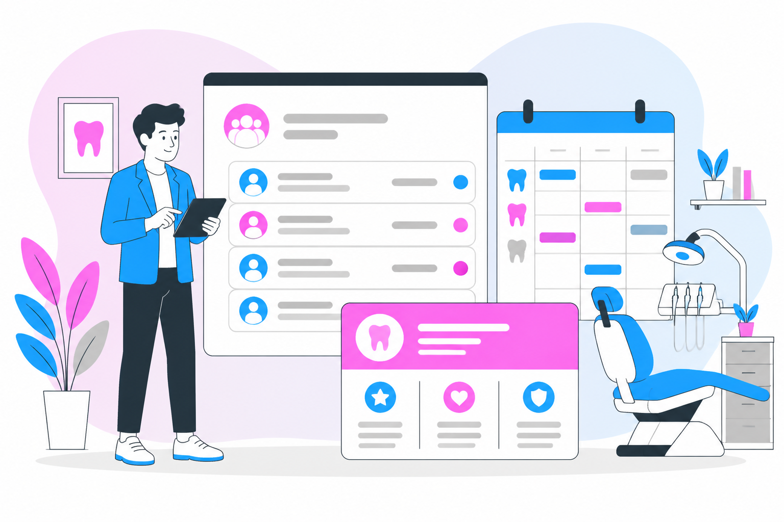 Illustration of terms of service — business owner reviewing a membership plan dashboard, header image for "Terms Of Service"