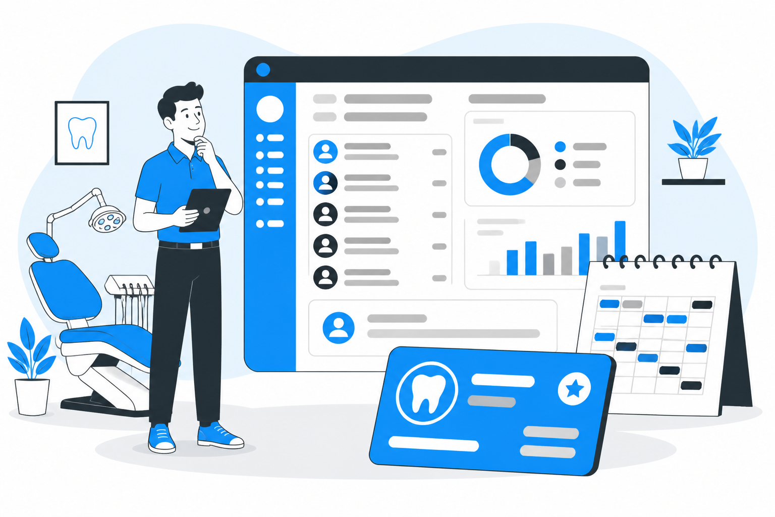 Illustration of the best live events in dentistry 2020 — practice owner reviewing a membership plan dashboard, header image for "The Best Live Events in Dentistry 2020"