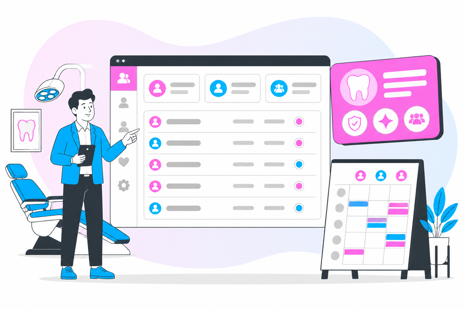 Illustration of tour — business owner reviewing a membership plan dashboard, header image for "Tour"