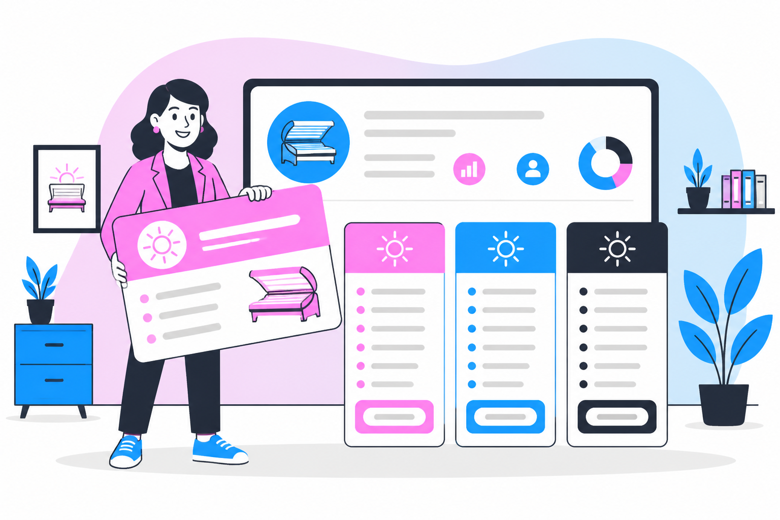 Illustration of unlimited tanning membership — salon owner reviewing a membership plan dashboard, header image for "Unlimited Tanning Memberships: How to Price and Run Them"