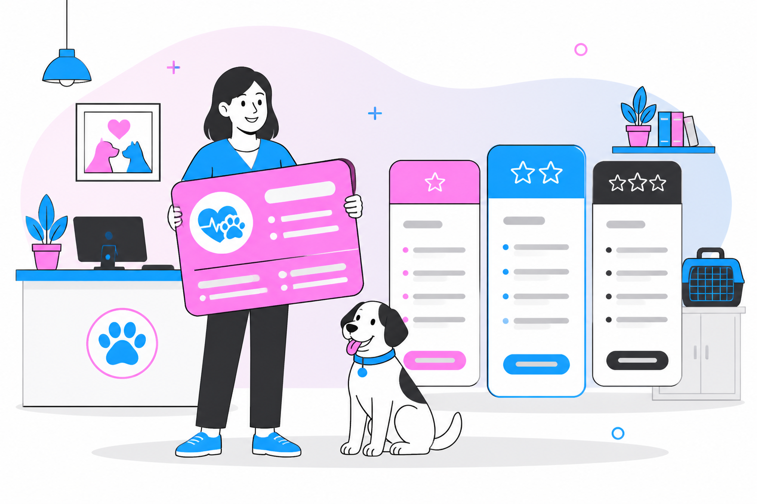 Illustration of veterinary wellness plan — clinic owner reviewing a membership plan dashboard, header image for "How to Start a Veterinary Wellness Plan"