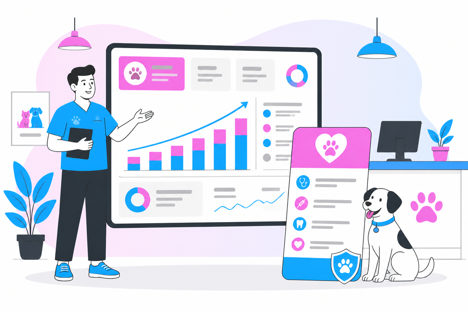 Illustration of veterinary wellness plan pricing — clinic owner reviewing a membership plan dashboard, header image for "Veterinary Wellness Plan Pricing: How to Set the Right Price"
