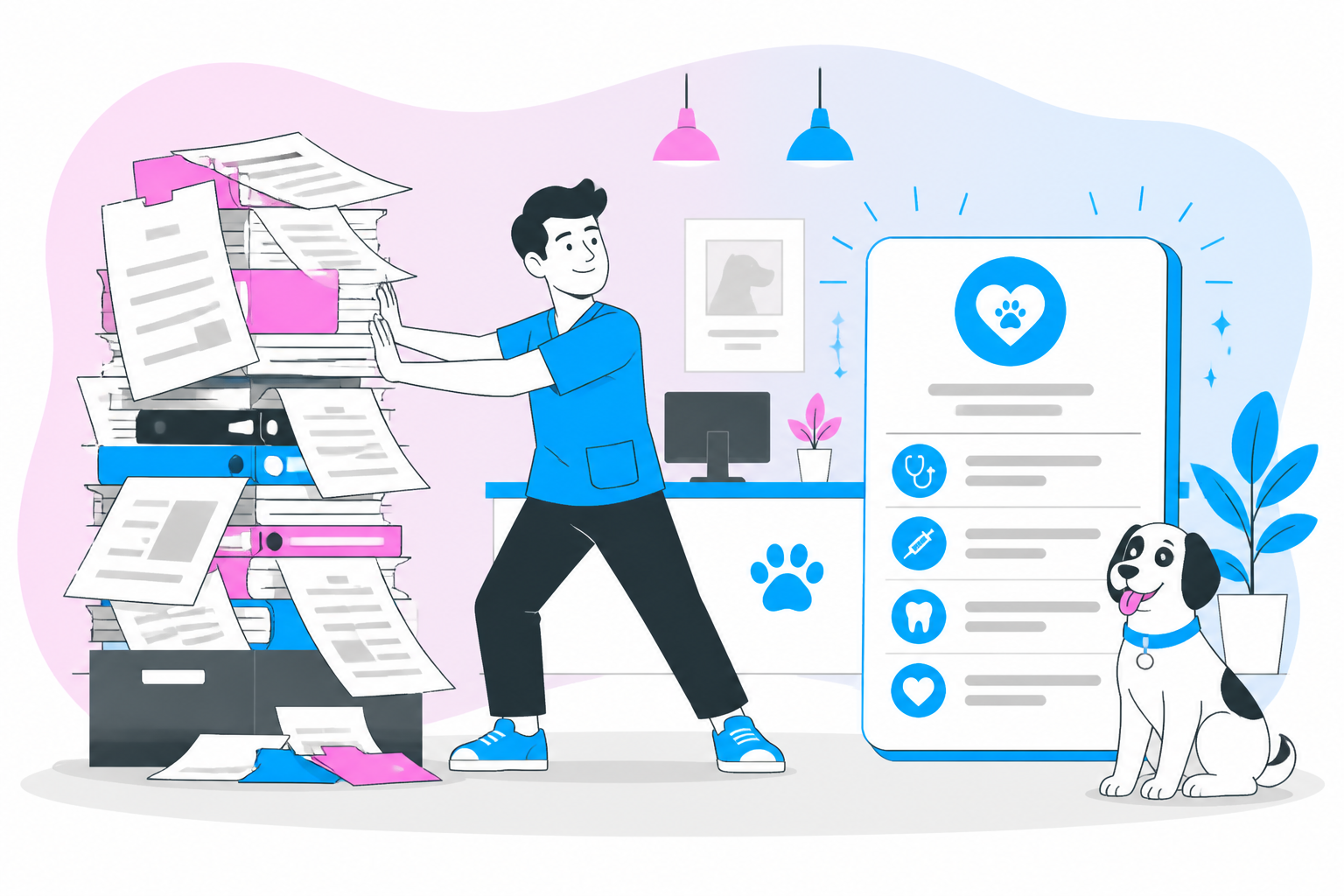 Illustration of veterinary wellness plan vs pet insurance — clinic owner reviewing a membership plan dashboard, header image for "Veterinary Wellness Plan vs Pet Insurance: What's the Difference"
