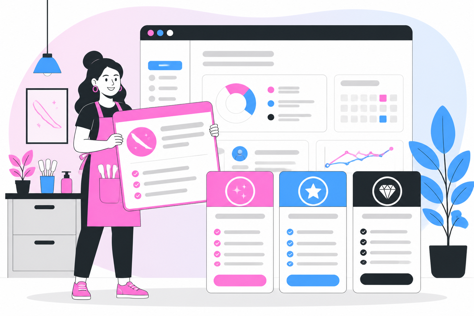 Illustration of wax pass — salon owner reviewing a membership plan dashboard, header image for "Wax Pass vs Waxing Membership: Which One Should You Sell?"