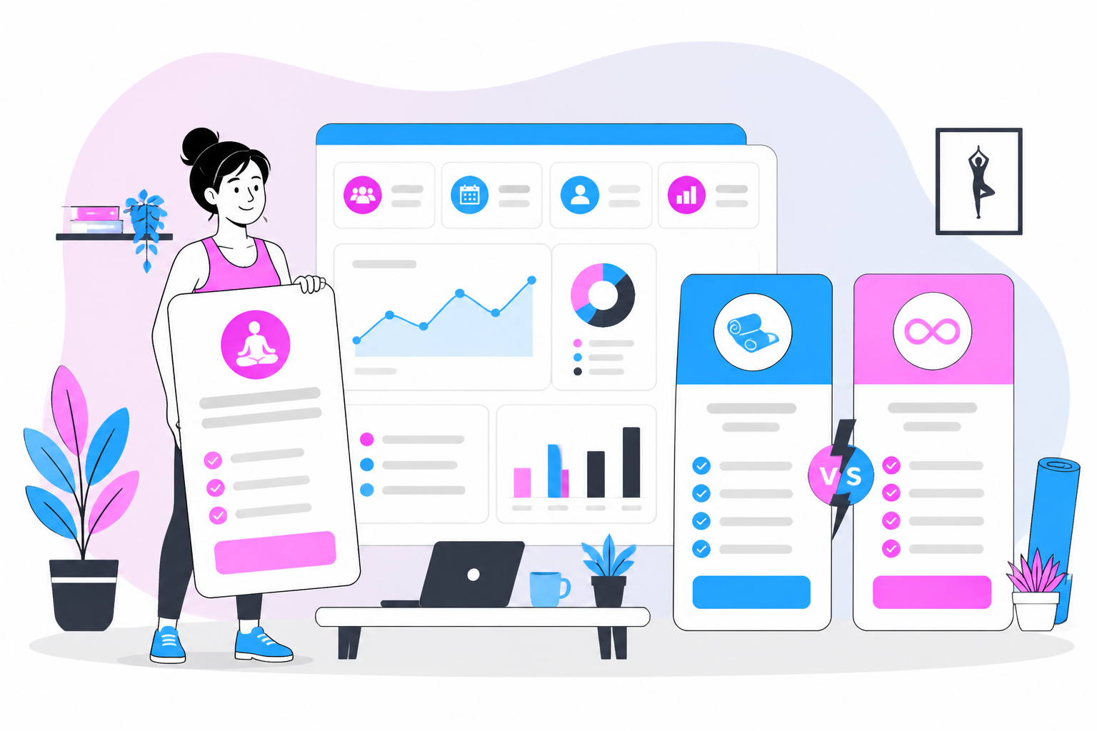 Illustration of yoga class packs vs membership — studio owner reviewing a membership plan dashboard, header image for "Yoga Class Packs vs Membership: Which Should You Sell?"