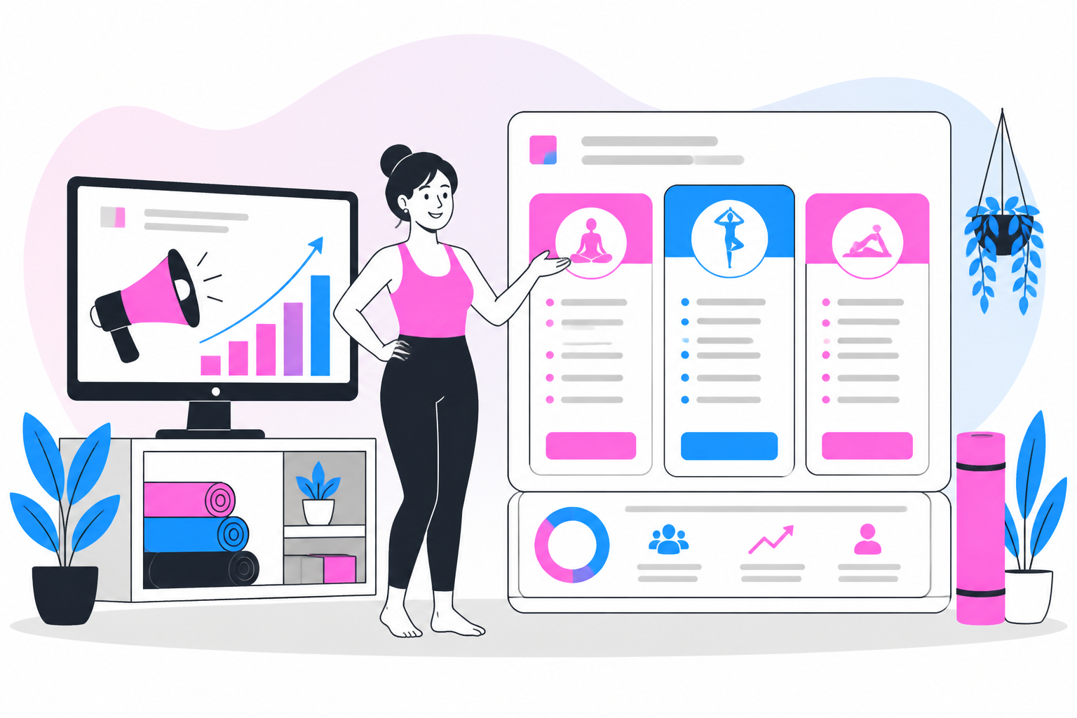 Illustration of yoga studio marketing — studio owner reviewing a membership plan dashboard, header image for "Yoga Studio Marketing & Enrollment: From Drop-Ins to Members"