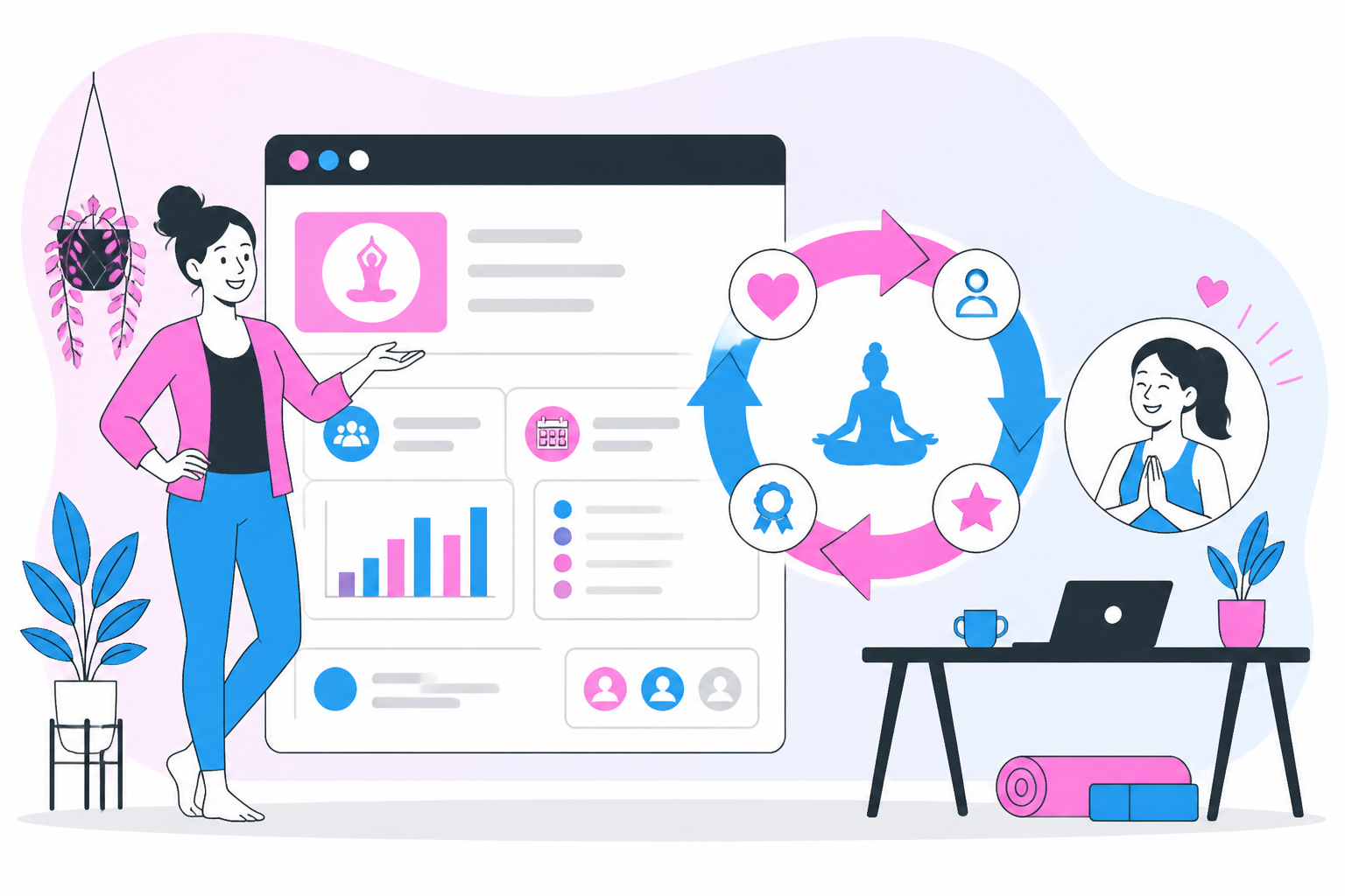 Illustration of yoga studio member retention — studio owner reviewing a membership plan dashboard, header image for "Yoga Studio Member Retention Strategies"