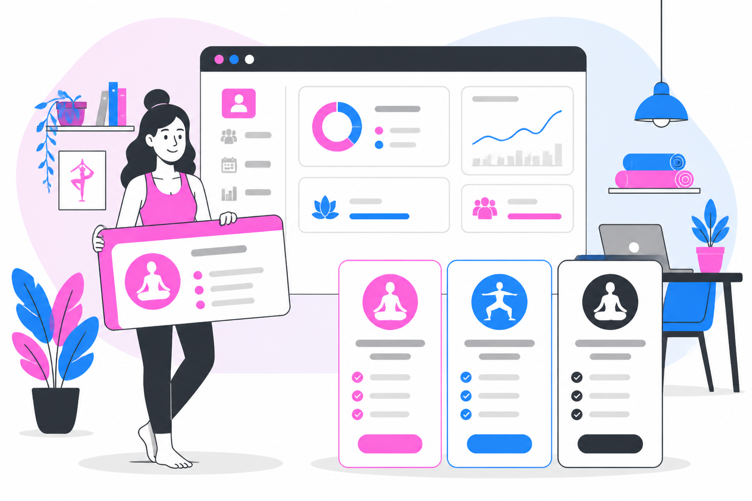 Illustration of yoga studio membership program — studio owner reviewing a membership plan dashboard, header image for "How to Start a Yoga Studio Membership Program"