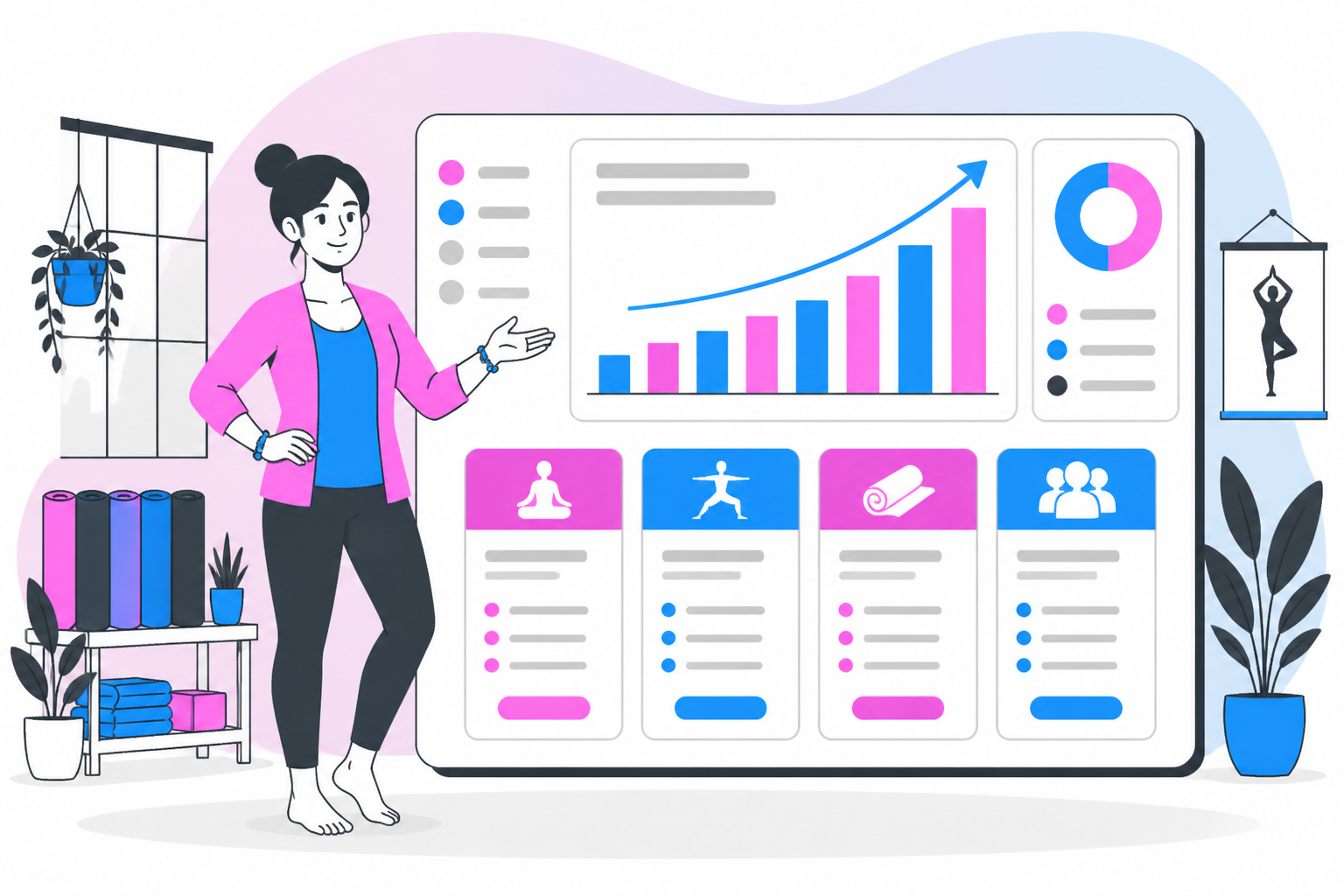 Illustration of yoga studio pricing — studio owner reviewing a membership plan dashboard, header image for "Yoga Studio Pricing Models That Keep Mats Full"