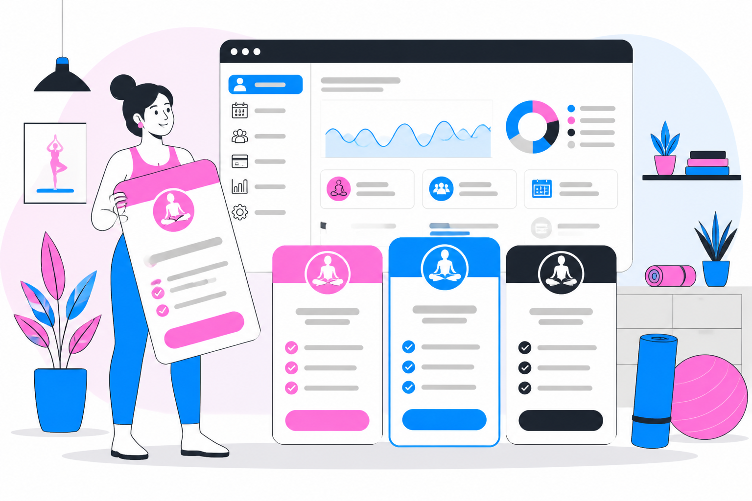 Illustration of yoga studio software — studio owner reviewing a membership plan dashboard, header image for "Yoga Studio Membership & Billing Guide"